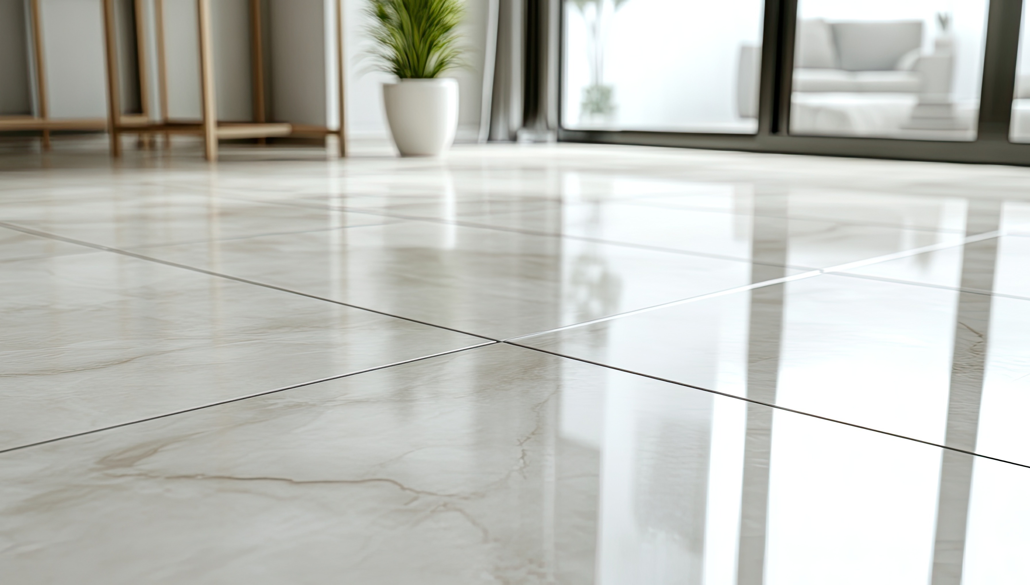 Modernes Wohnzimmer mit glänzendem Marmorboden, der das Licht reflektiert – stilvolles Interieurdesign.