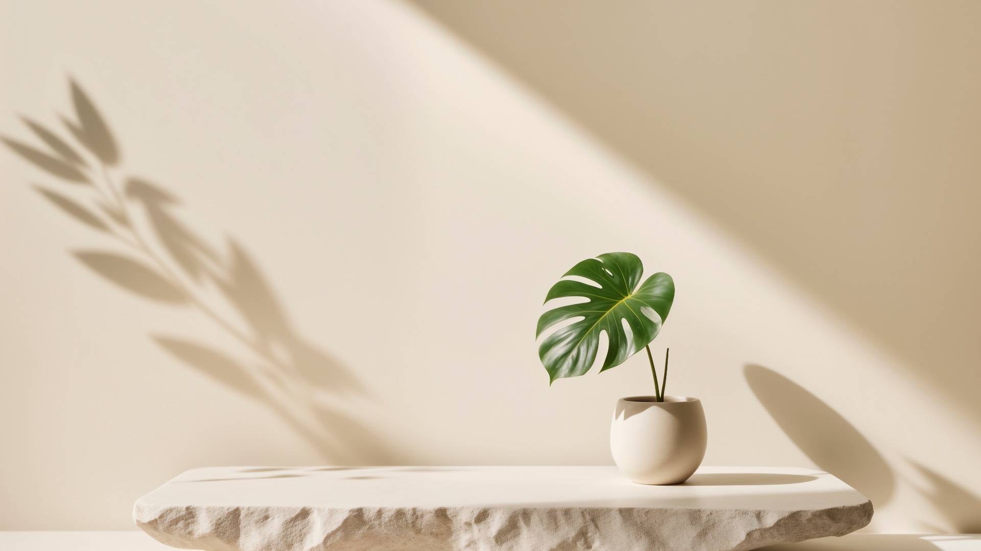 Eine minimalistische Szene mit einem Monstera-Blatt in einer Vase auf einer rauen Steinplatte. Natürliches Licht und Schatten schaffen eine ruhige, gelassene Komposition für organische Produktpräsentation und Branding.