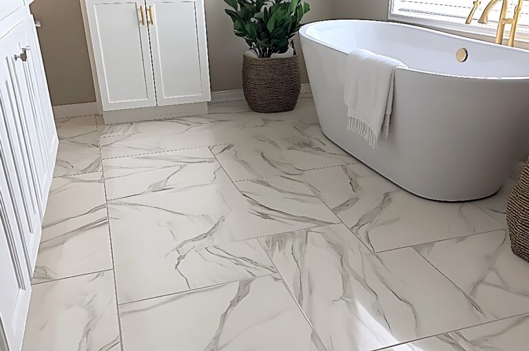 Elegantes Badezimmer mit weißem Marmorfliesenboden und luxuriösen Designelementen