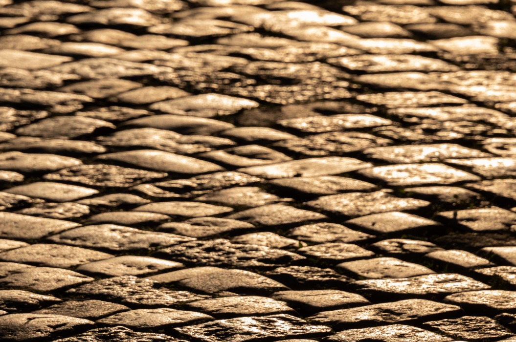 Kopfsteinpflaster wasserdurchlässige Flächenbefestigung glänzt im Sonnen Morgenlicht.