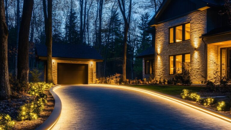 Ein intelligentes Außenbeleuchtungssystem verbessert die Sichtbarkeit einer Einfahrt bei Nacht und sorgt für ein warmes Ambiente in einer friedlichen, von Bäumen umgebenen Vorstadtumgebung.