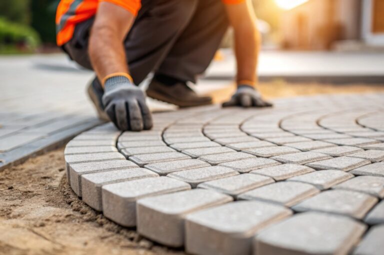 Eine Ansicht eines Arbeiters, der sich darauf konzentriert, die Position eines gebogenen Pflastersteins anzupassen, der in ein kreisförmiges Muster passt. Die Umgebung ist sanft verschwommen