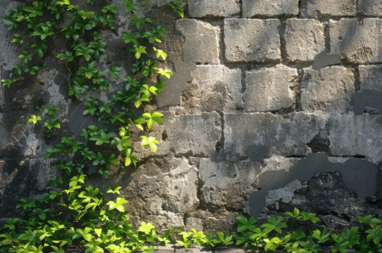 Ein starker Kontrast zwischen einer steinernen Mauer und einer widerstandsfähigen Grünpflanze in einer städtischen Umgebung, der den Kampf zwischen Natur und Urbanisierung symbolisiert
