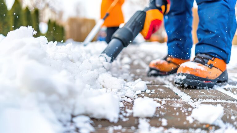 Eine Person in Winterstiefeln entfernt mit einem leistungsstarken elektrischen Laubbläser Neuschnee von einem gepflasterten Weg in einem Wohngebiet und demonstriert damit eine effiziente Winterreinigung.